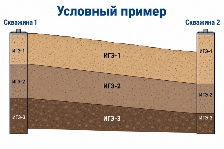 Условный разрез с тремя согласованно обозначенными инженерно-геологическими элементами