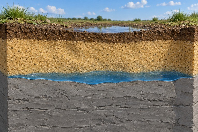 Учебный разрез: водопроницаемый слой, слабопроницаемое основание и условия отвода воды