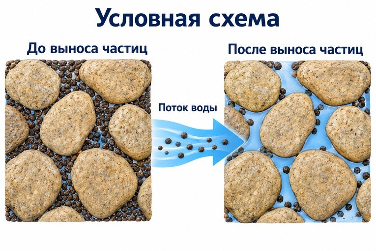 Учебная схема: вода перемещает мелкие частицы между более крупными зёрнами