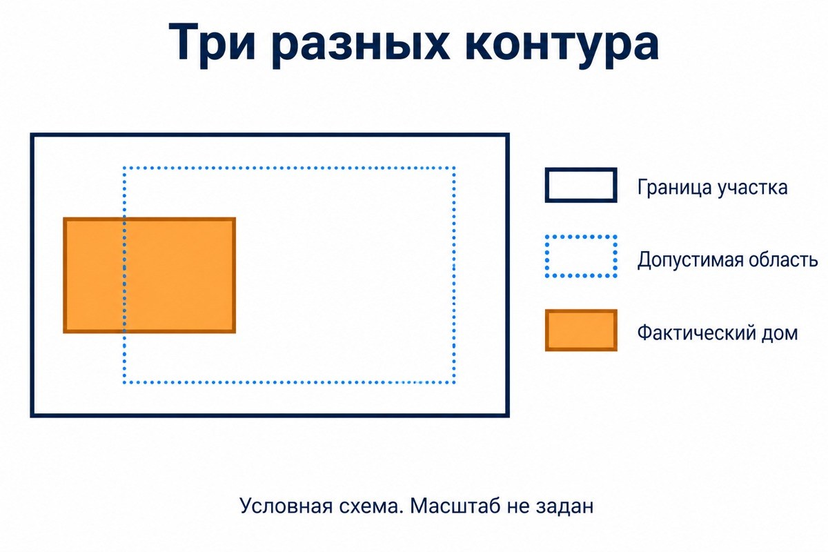 Условная схема: граница участка, допустимая область и фактический контур здания