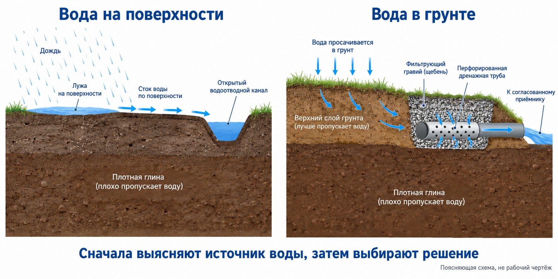 Поясняющая схема: поверхностный поток над плотным грунтом и вода в грунтовом слое требуют разных решений