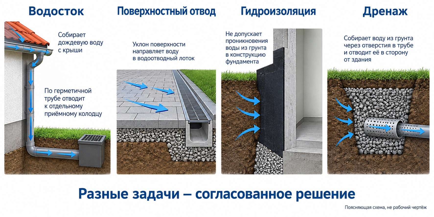 Поясняющая схема разных задач водостока, поверхностного отвода, гидроизоляции и дренажа
