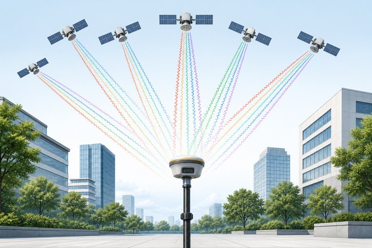 Три GNSS-сигнала проходят через атмосферу к одному приёмнику