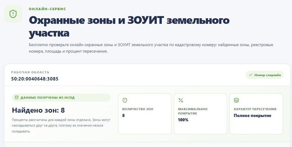 Результат проверки охранных зон и ЗОУИТ земельного участка в сервисе ТопГео