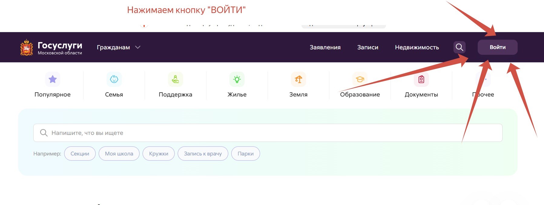 Кнопка входа на портале Мосрег