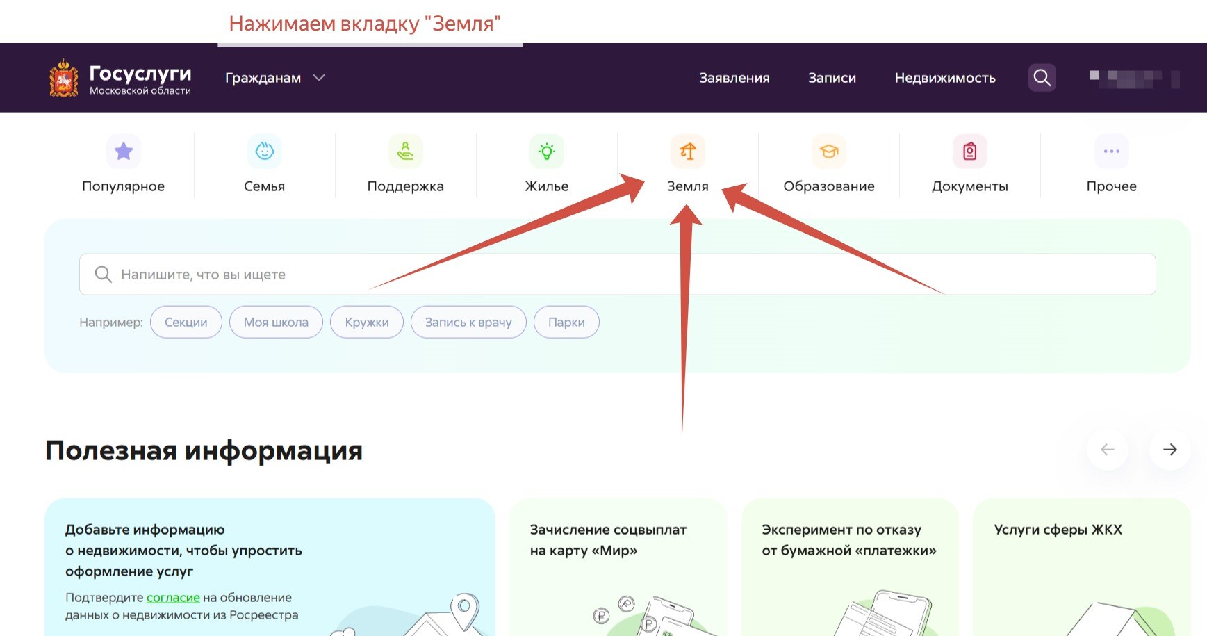 Раздел Земля на портале Госуслуг Московской области