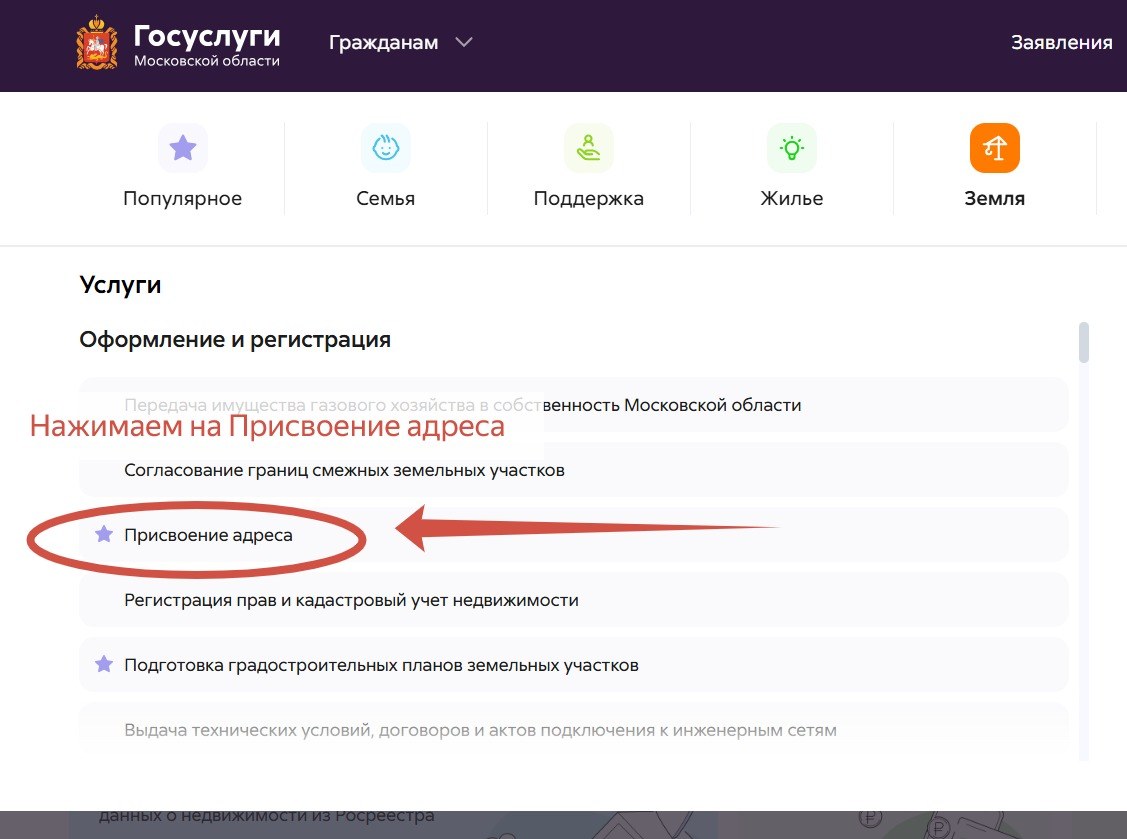 Выбор услуги Присвоение адреса