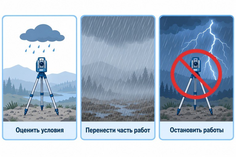 Схема решений: оценить условия, перенести часть работ или остановиться при грозе