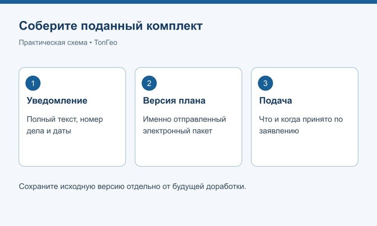 Комплект для проверки: уведомление, поданная версия и подтверждение подачи