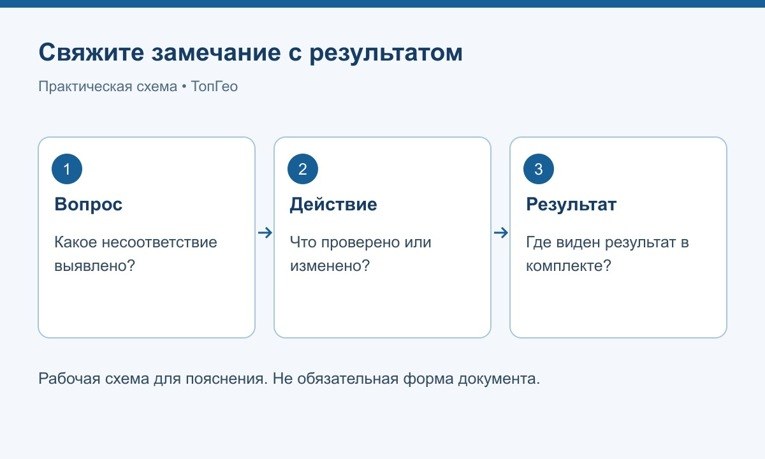 Для каждого замечания свяжите вопрос, действие и подтверждающий результат
