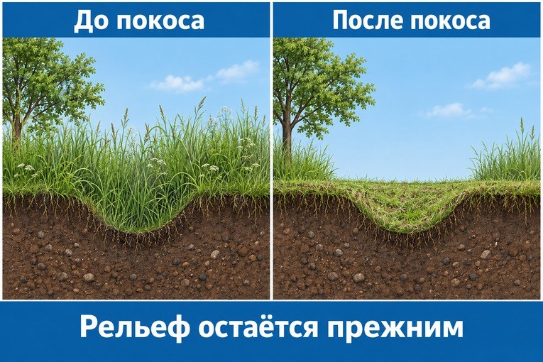 Схема: покос открывает поверхность, сохраняя форму рельефа