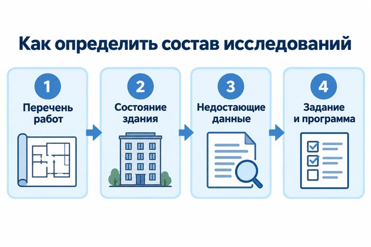 Схема последовательности: состав работ, обследование, необходимые исходные данные