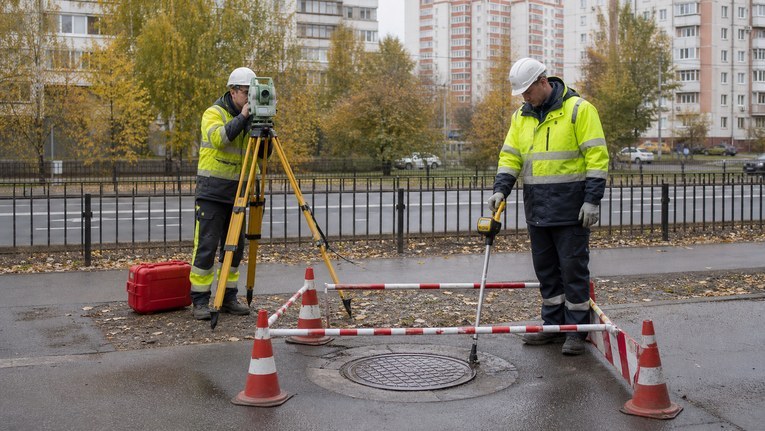 Геодезист обследует колодец и положение инженерных сетей