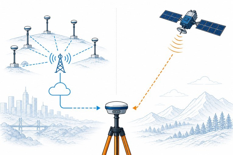 Два канала GNSS-поправок сходятся к одному полевому приёмнику
