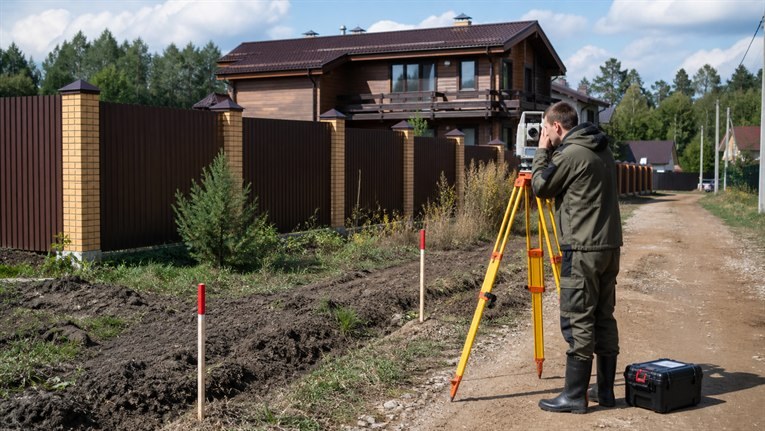 Геодезист измеряет положение фундамента относительно границы