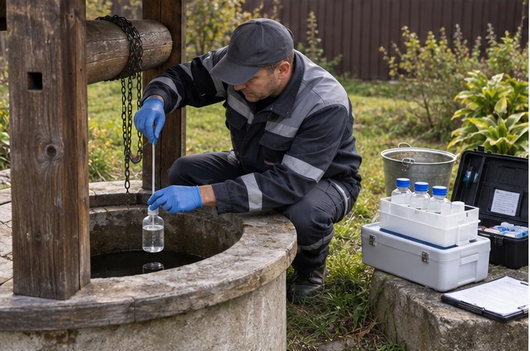Специалист отбирает пробу воды из колодца в лабораторную тару