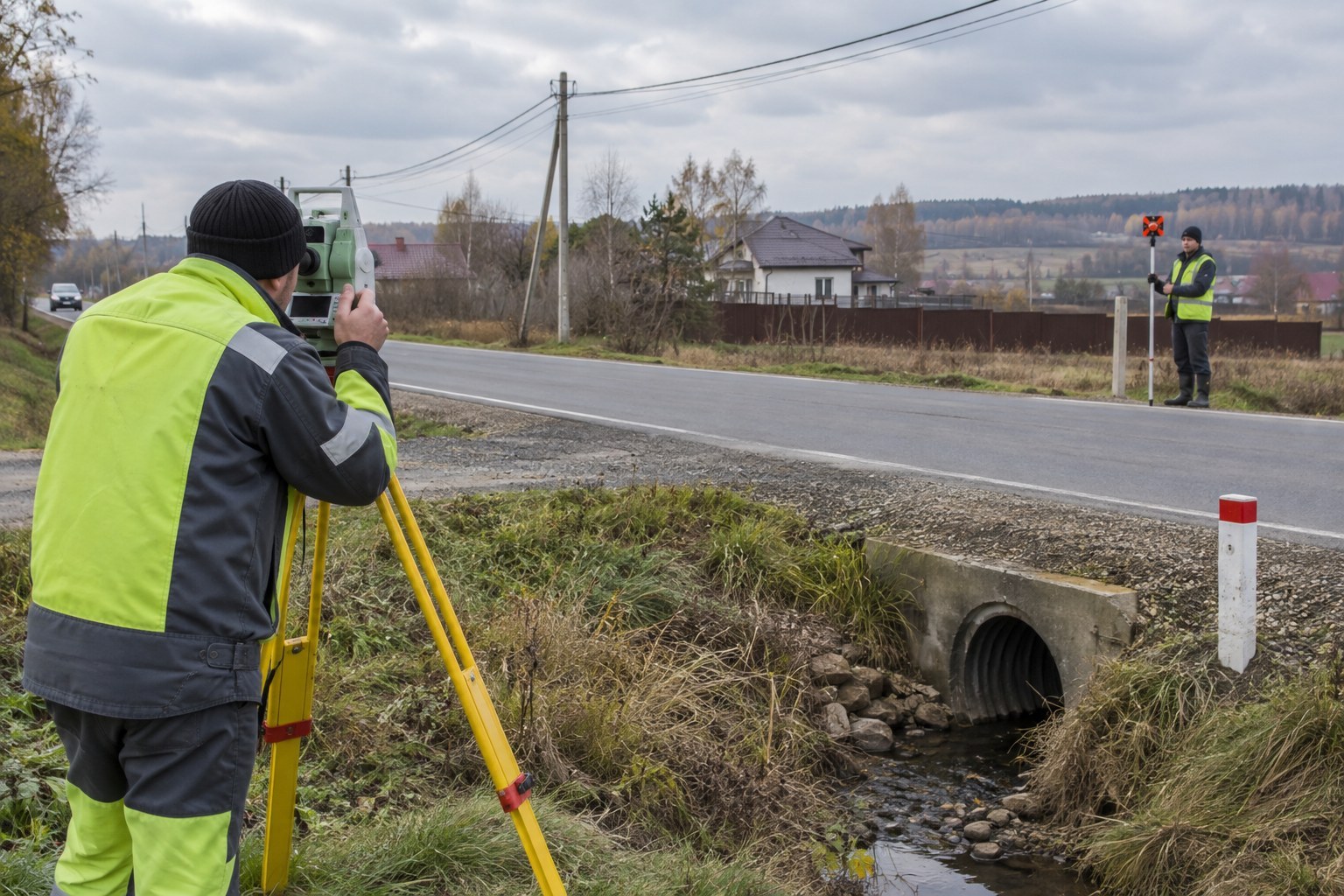 Съёмка пересечения трассы с дорогой и водопропускной трубой