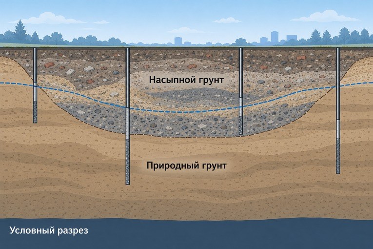 Условный разрез бывшего оврага, заполненного неоднородным грунтом