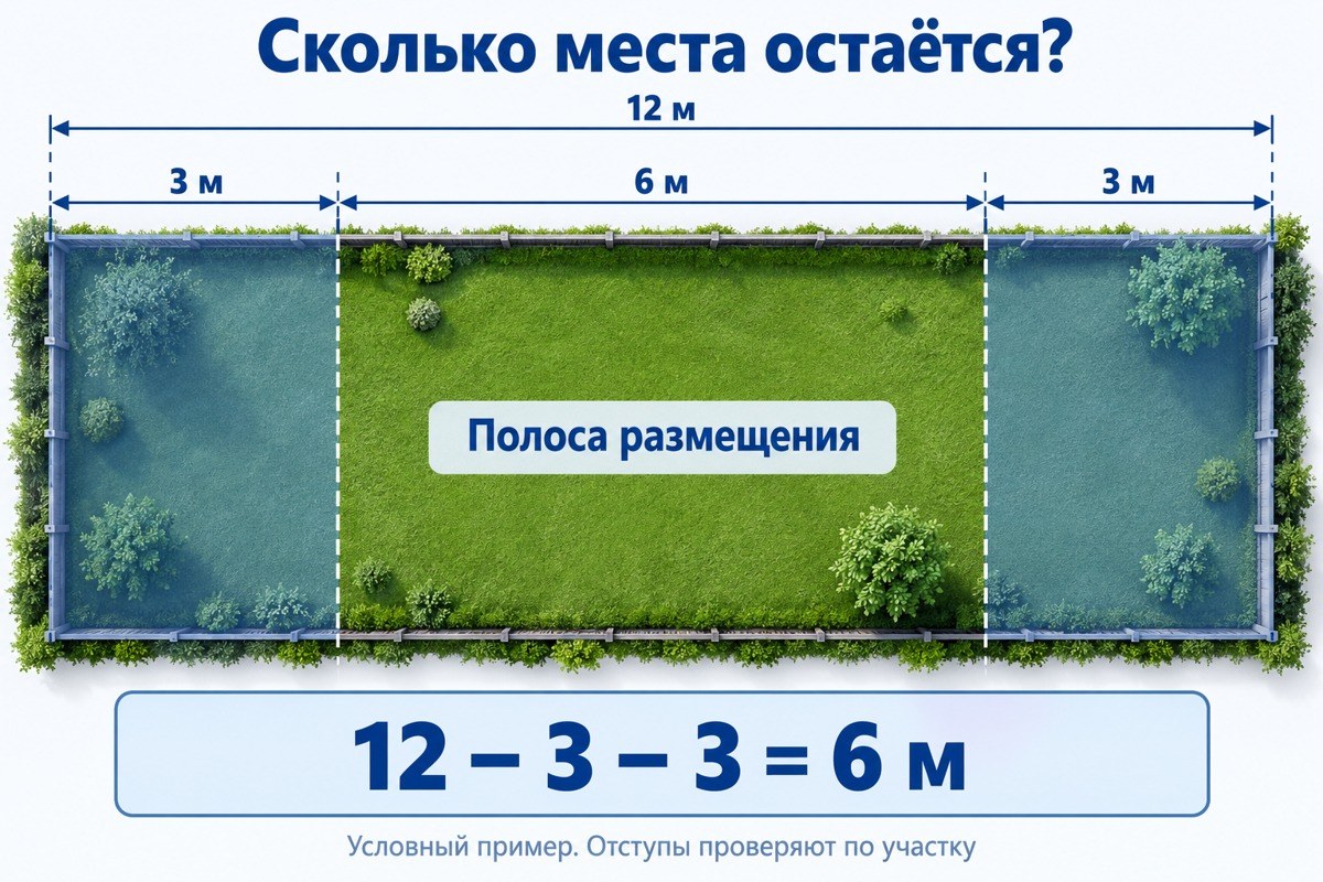 Условный расчёт: участок 12 метров, боковые отступы по 3 метра, полоса 6 метров