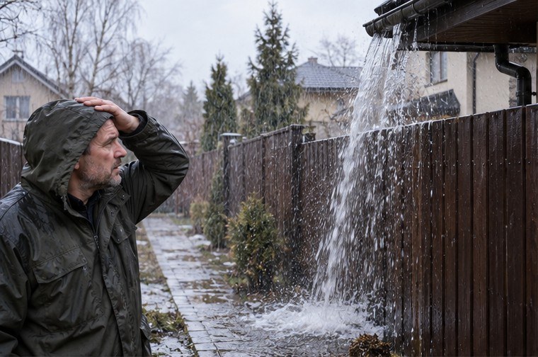 Вода с соседской крыши льётся через забор на участок