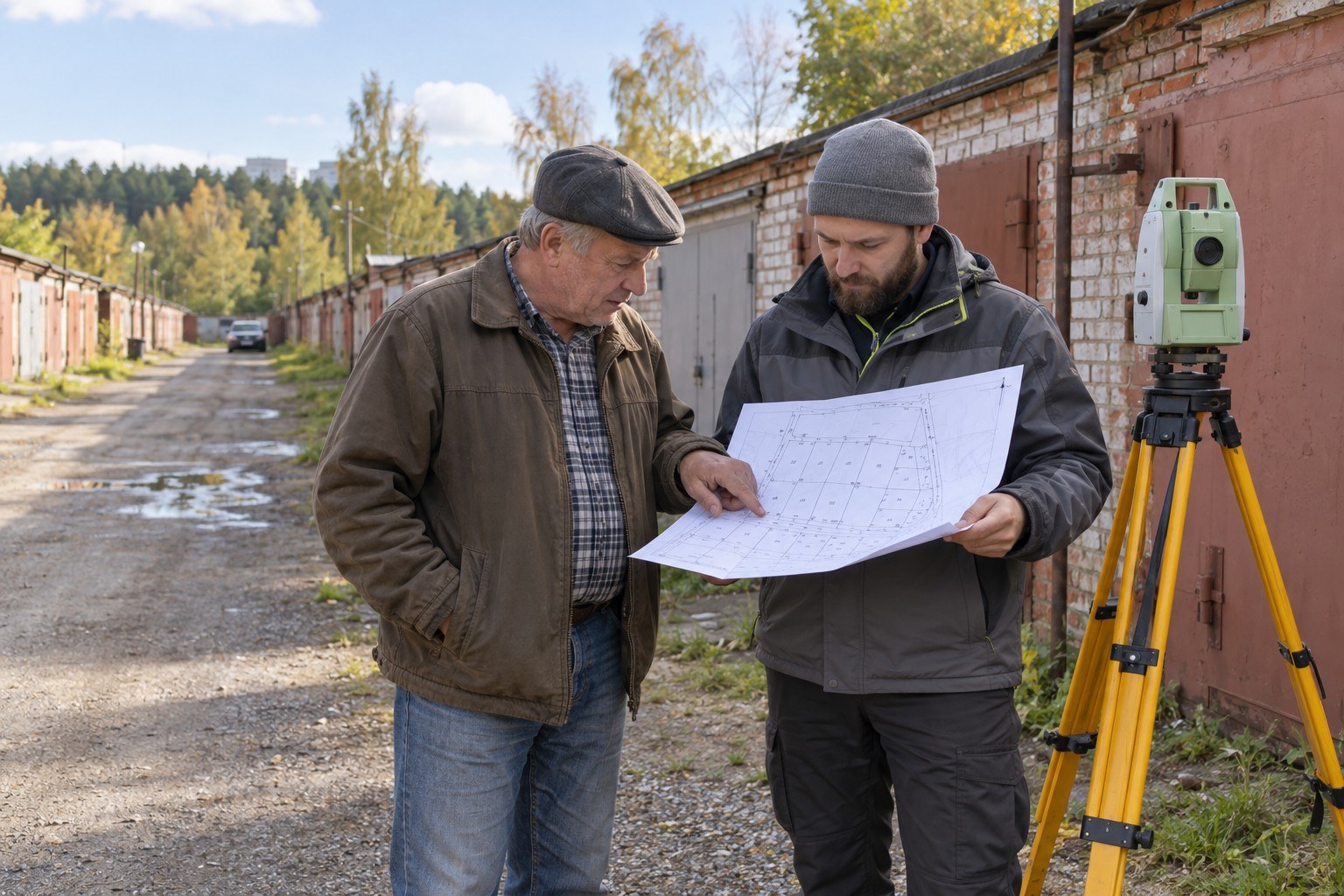 Владелец гаража и кадастровый инженер проверяют участок
