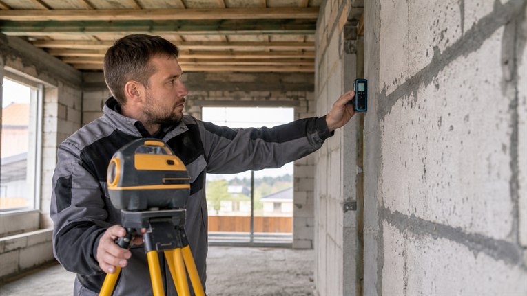 Геодезист фиксирует координаты здания для экспертного исследования