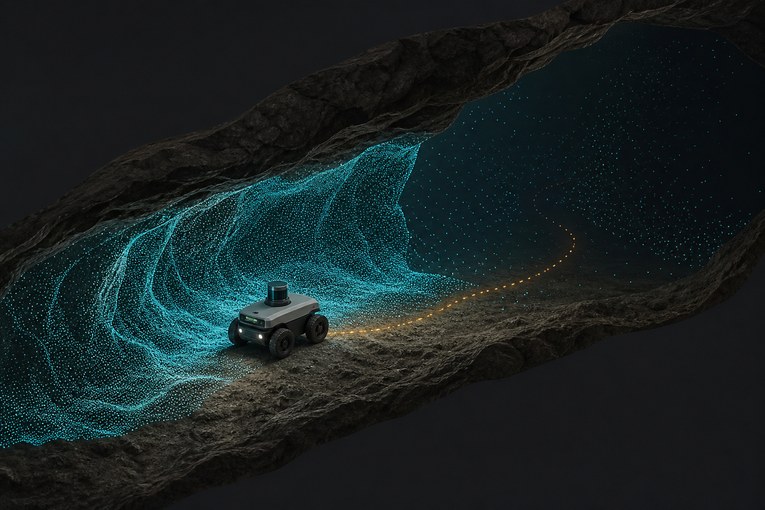 Схема: LiDAR измеряет стены, SLAM строит карту, автономия выбирает следующий маршрут
