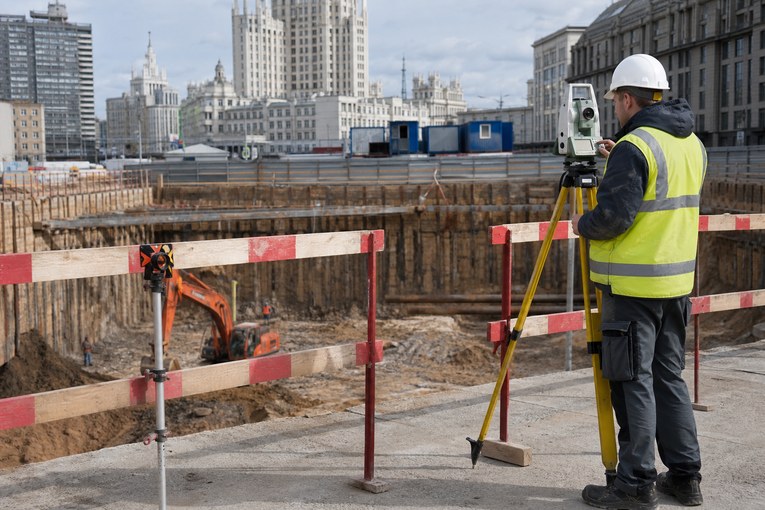 Геодезист контролирует разработку строительного котлована